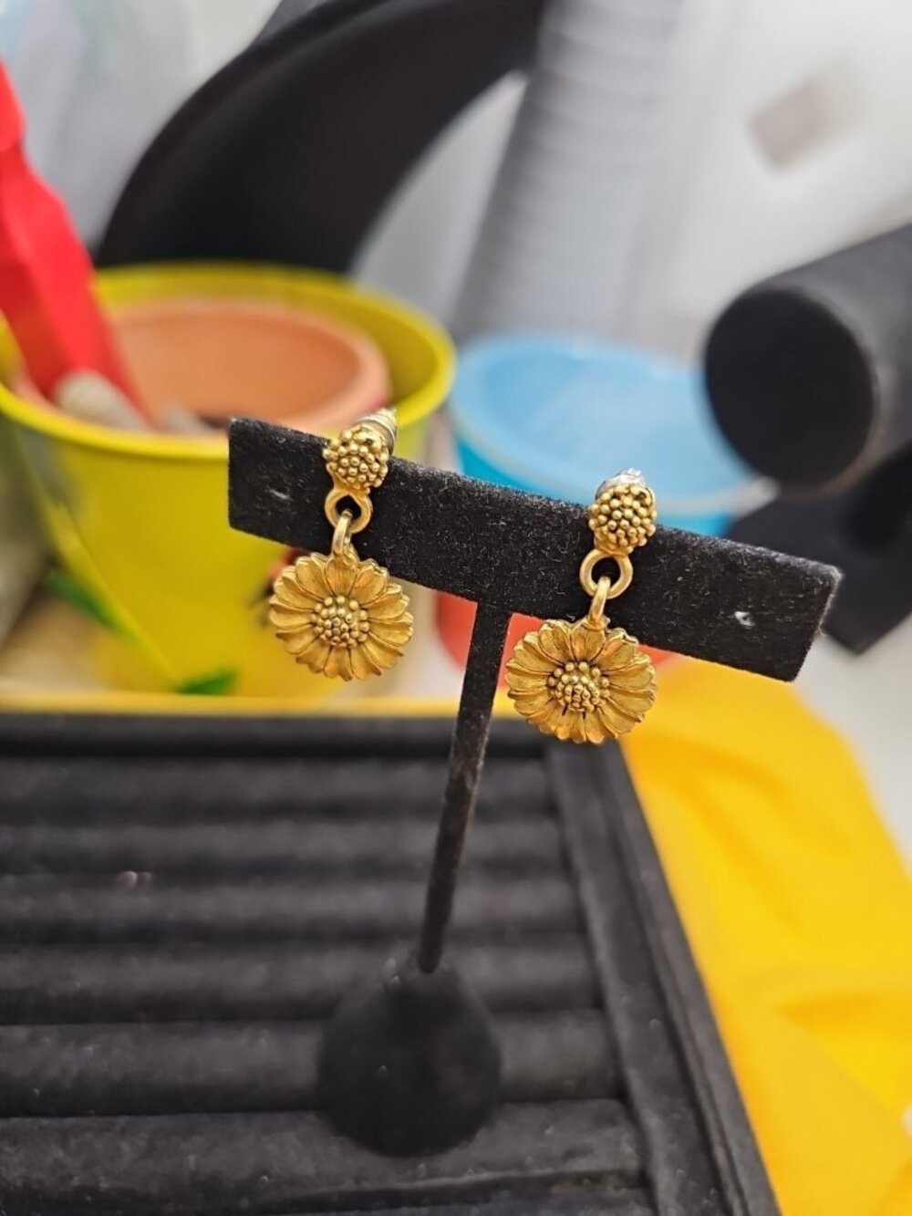 Earrings Pierced Dangle Posts Goldtone Sunflowers  Marked E H Small c In Circle